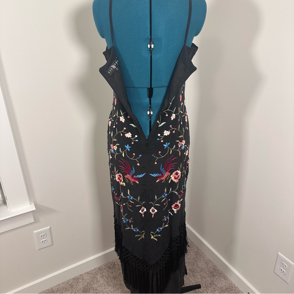 Sue Wong Vintage Black Silk Maxi Dress with Floral Embroidery & Fringe - Picture 11 of 16